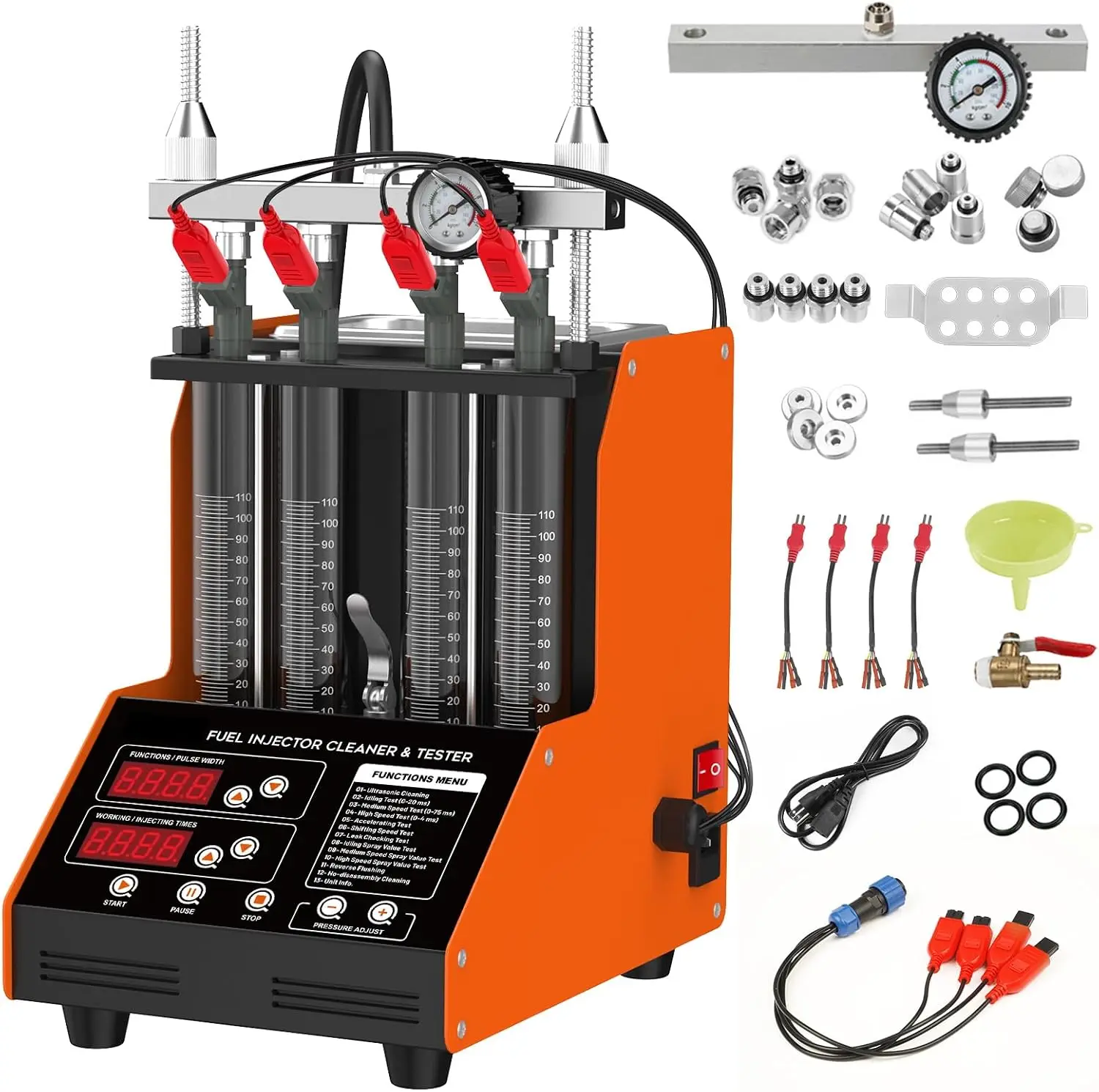 Fuel Injector Tester - เครื่องทำความสะอาดหัวฉีดน้ำมันเชื้อเพลิง, ชุดทดสอบและทำความสะอาดหัวฉีดน้ำมันเชื้อเพลิงอัตโนมัติ 4 สูบ 9 โหมดทดสอบ,